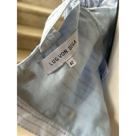 Lud Von Siga Blue Cotton Pleat Off Shoulder Puff Sleeve Peplum Daisy Blouse - Picture 5 of 8